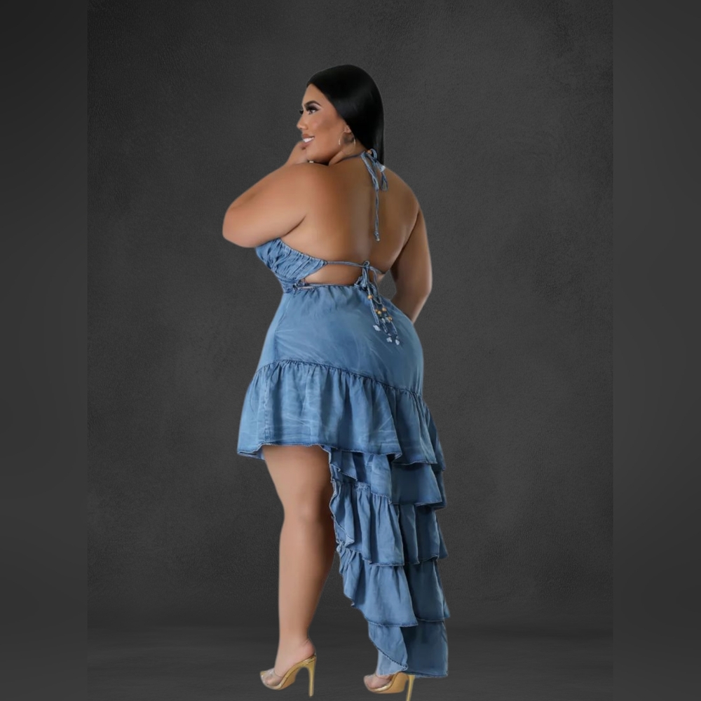 Blue Asymmetrical Ruffled Backless Jeans Plus Size - Picture 3 of 12